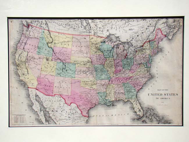 A fine hand colored map of the United States of America published in 1872